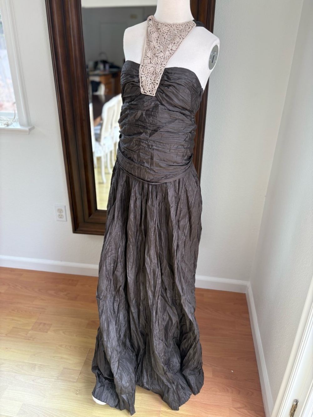 100% Silk Black Maxi Dress with Cream Lace Halter Yoke